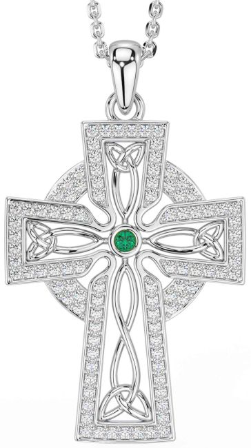 Diamond Emerald Silver Celtic Cross Trinity Knot Necklace