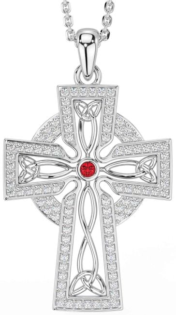 Diamond Ruby Silver Celtic Cross Trinity Knot Necklace