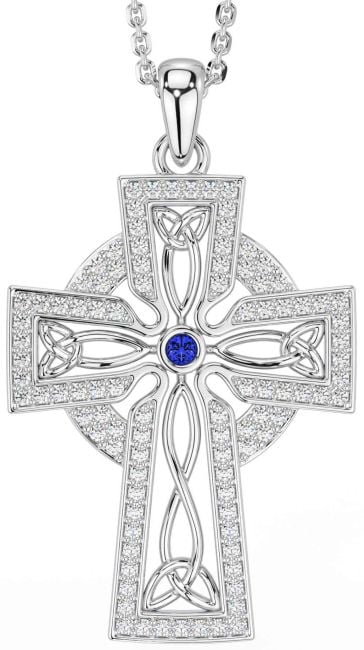 Diamond Sapphire Silver Celtic Cross Trinity Knot Necklace