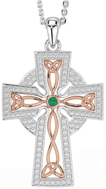 Diamond Emerald Rose Gold Silver Celtic Cross Trinity Knot Necklace