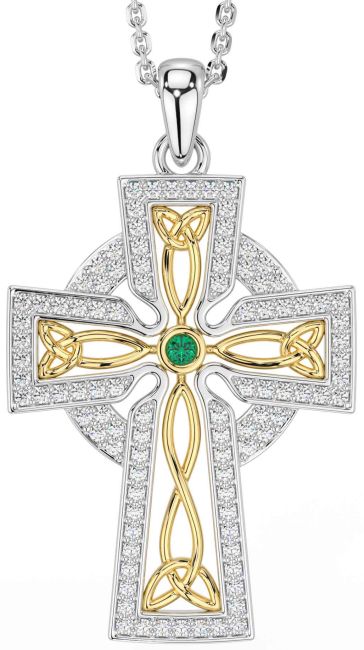 Diamond Emerald Gold Silver Celtic Cross Trinity Knot Necklace