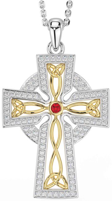 Diamond Ruby Gold Silver Celtic Cross Trinity Knot Necklace