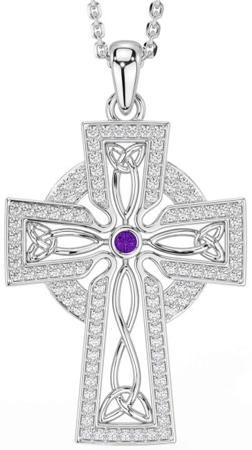 Diamond Amethyst White Gold Celtic Cross Trinity Knot Necklace