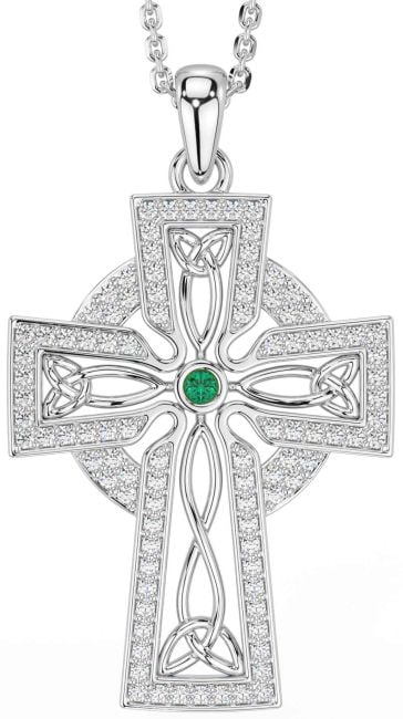 Diamond Emerald White Gold Celtic Cross Trinity Knot Necklace