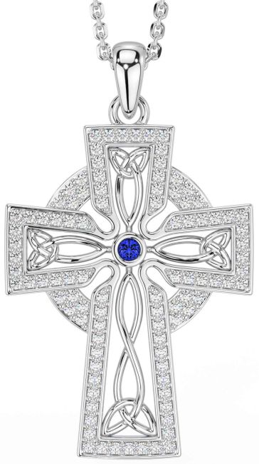 Diamond Sapphire White Gold Celtic Cross Trinity Knot Necklace