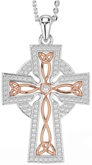 Diamond White Rose Gold Celtic Cross Trinity Knot Necklace