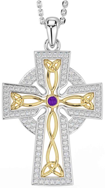 Diamond Amethyst White Yellow Gold Celtic Cross Trinity Knot Necklace