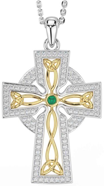 Diamond Emerald White Yellow Gold Celtic Cross Trinity Knot Necklace