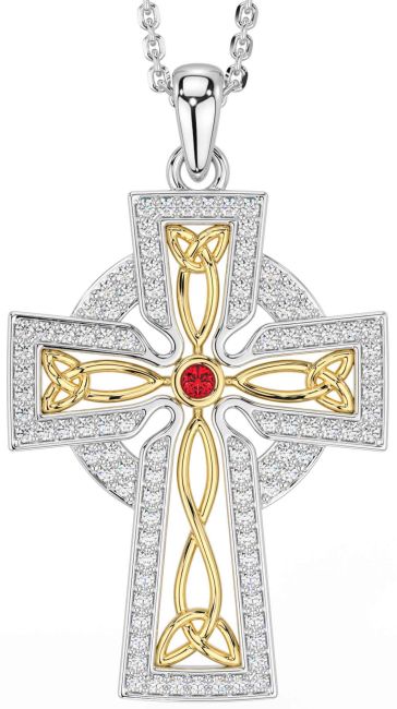 Diamond Ruby White Yellow Gold Celtic Cross Trinity Knot Necklace