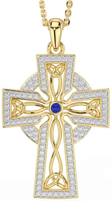 Diamond Sapphire Gold Celtic Cross Trinity Knot Necklace