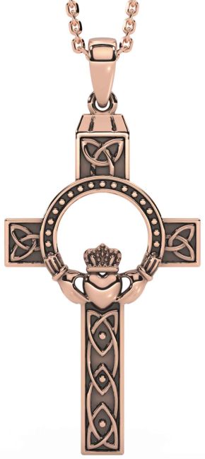 Rose Gold Black Rhodium Claddagh Trinity Knot Celtic Cross Necklace