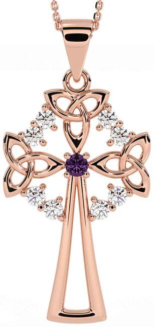 Diamond Alexandrite Rose Gold Silver Celtic Cross Trinity Knot Necklace