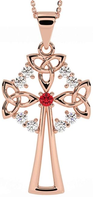 Diamond Ruby Rose Gold Silver Celtic Cross Trinity Knot Necklace