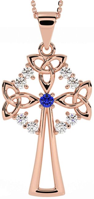 Diamond Sapphire Rose Gold Silver Celtic Cross Trinity Knot Necklace