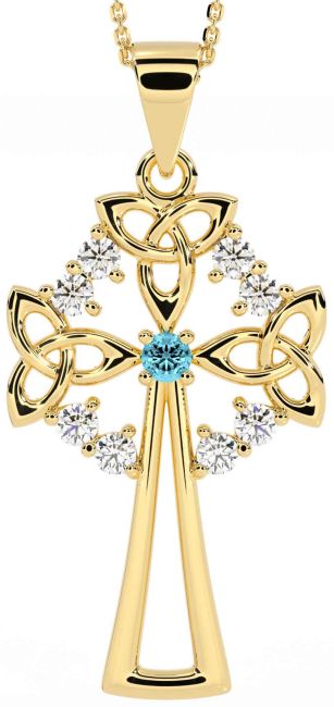 Diamond Aquamarine Gold Silver Celtic Cross Trinity Knot Necklace