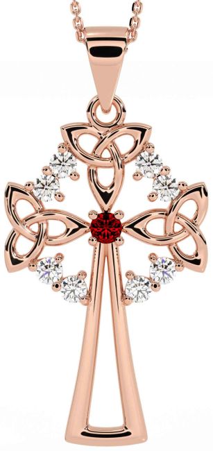 Diamond Garnet Rose Gold Celtic Cross Trinity Knot Necklace