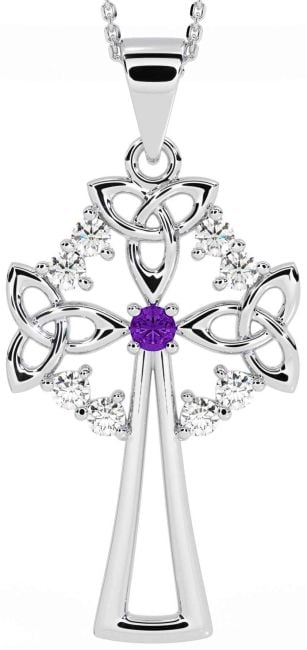 Diamond Amethyst Silver Celtic Cross Trinity Knot Necklace