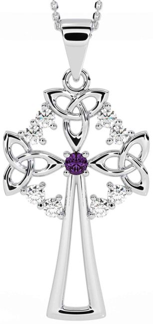 Diamond Alexandrite Silver Celtic Cross Trinity Knot Necklace