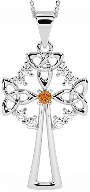 Diamond Citrine Silver Celtic Cross Trinity Knot Necklace