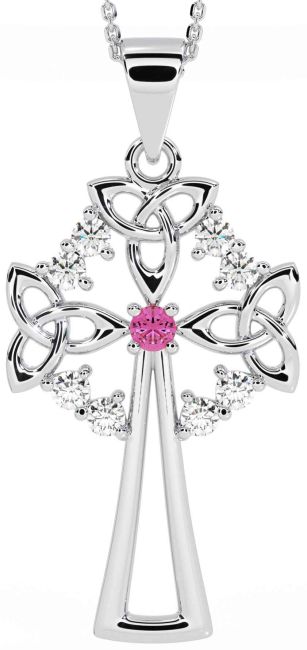 Diamond Pink Tourmaline Silver Celtic Cross Trinity Knot Necklace
