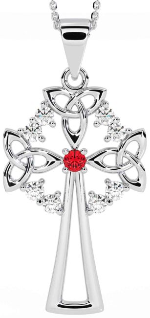 Diamond Ruby Silver Celtic Cross Trinity Knot Necklace
