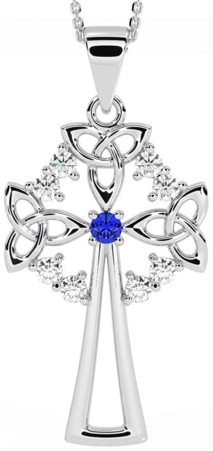 Diamond Sapphire Silver Celtic Cross Trinity Knot Necklace