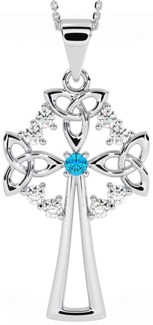 Diamond Topaz Silver Celtic Cross Trinity Knot Necklace