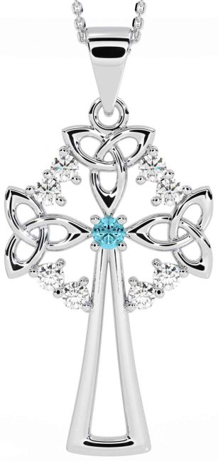 Diamond Aquamarine White Gold Celtic Cross Trinity Knot Necklace