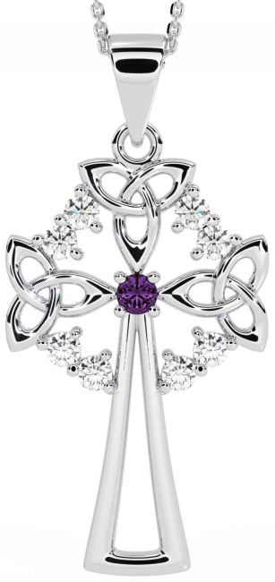 Diamond Alexandrite White Gold Celtic Cross Trinity Knot Necklace