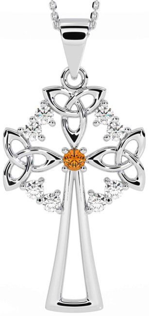 Diamond Citrine White Gold Celtic Cross Trinity Knot Necklace