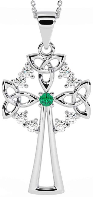 Diamond Emerald White Gold Celtic Cross Trinity Knot Necklace