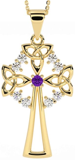 Diamond Amethyst Gold Celtic Cross Trinity Knot Necklace