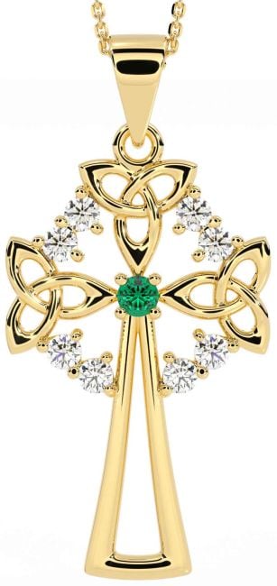 Diamond Emerald Gold Celtic Cross Trinity Knot Necklace