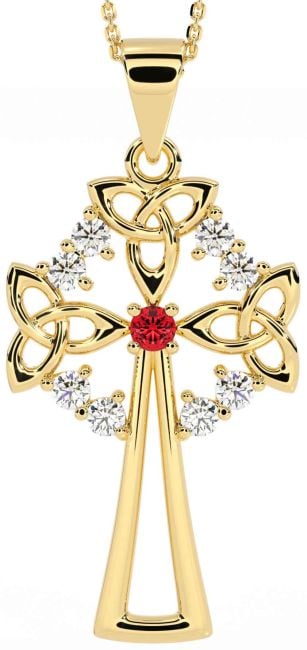 Diamond Ruby Gold Celtic Cross Trinity Knot Necklace