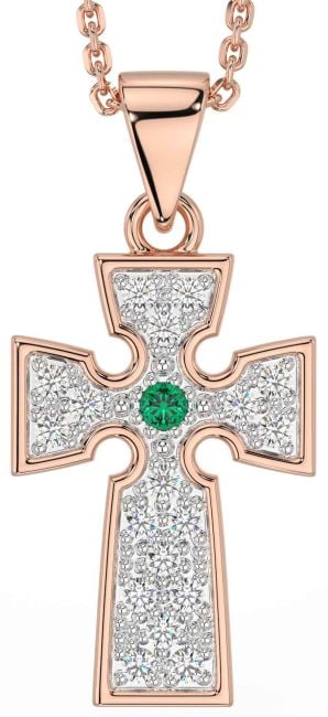 Diamond Emerald Rose Gold Silver Celtic Cross Necklace
