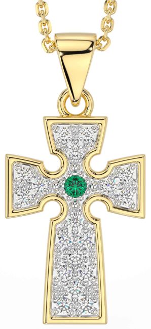 Diamond Emerald Gold Silver Celtic Cross Necklace