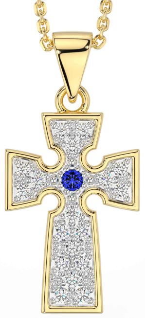 Diamond Sapphire Gold Silver Celtic Cross Necklace