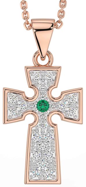 Diamond Emerald Rose Gold Celtic Cross Necklace