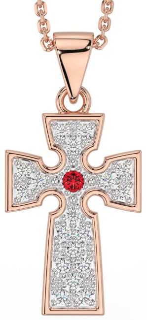 Diamond Ruby Rose Gold Celtic Cross Necklace