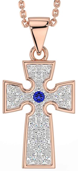 Diamond Sapphire Rose Gold Celtic Cross Necklace