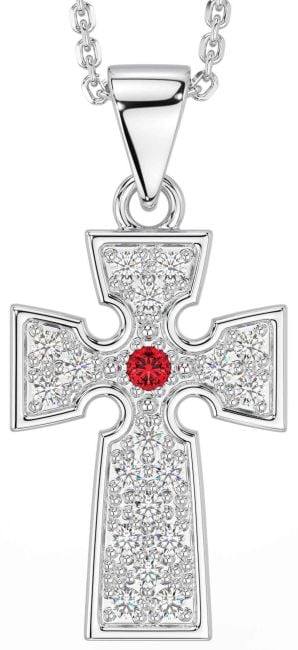 Diamond Ruby Silver Celtic Cross Necklace