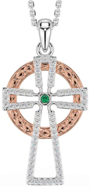 Diamond Emerald Rose Gold Silver Celtic Cross Necklace