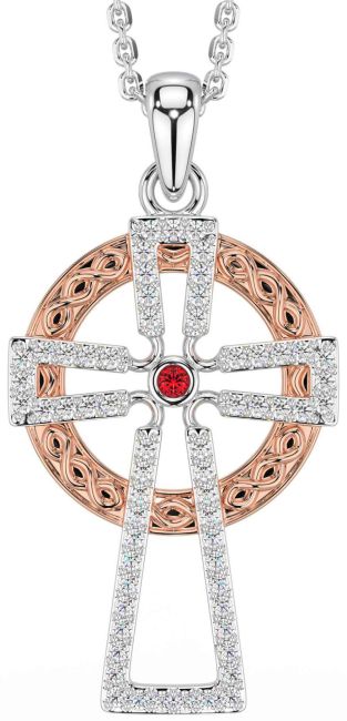 Diamond Ruby Rose Gold Silver Celtic Cross Necklace