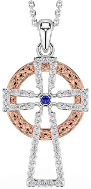 Diamond Sapphire Rose Gold Silver Celtic Cross Necklace