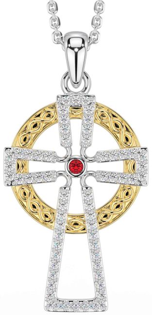 Diamond Ruby Gold Silver Celtic Cross Necklace