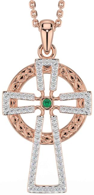 Diamond Emerald Rose Gold Silver Celtic Cross Necklace