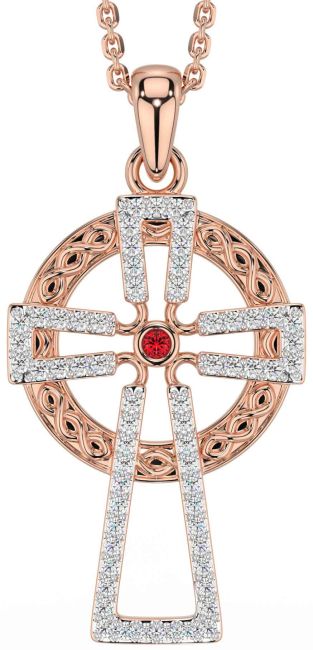 Diamond Ruby Rose Gold Silver Celtic Cross Necklace