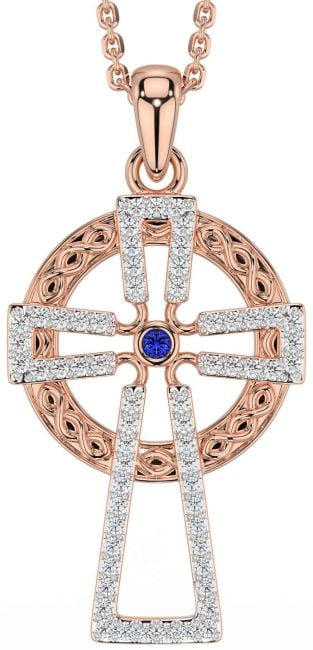 Diamond Sapphire Rose Gold Silver Celtic Cross Necklace