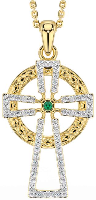 Diamond Emerald Gold Silver Celtic Cross Necklace