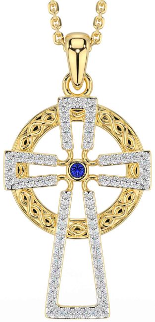 Diamond Sapphire Gold Silver Celtic Cross Necklace